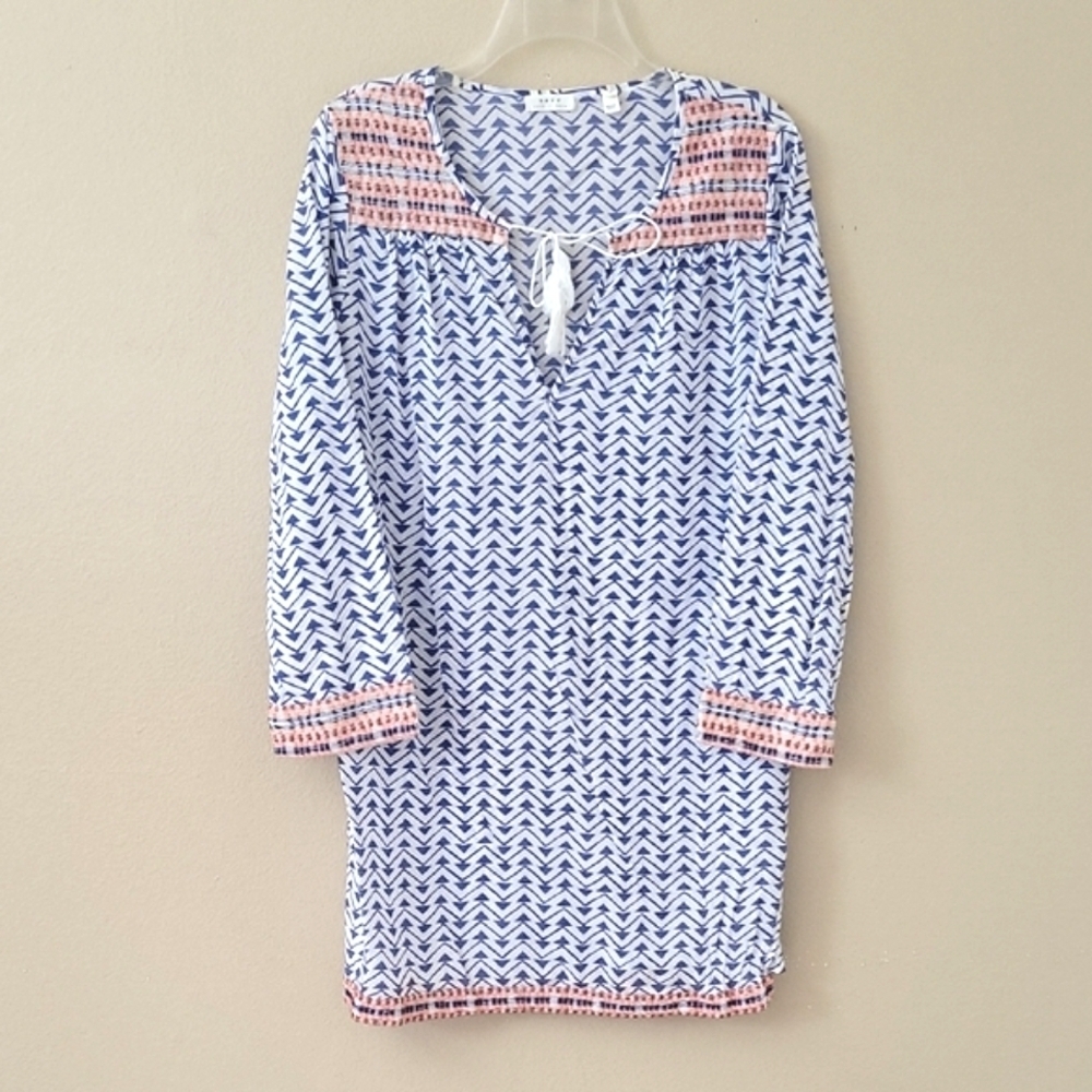 Soft Joie Blue Boho Southwestern Printed Tassel Front Cotton Tunic - Size Medium